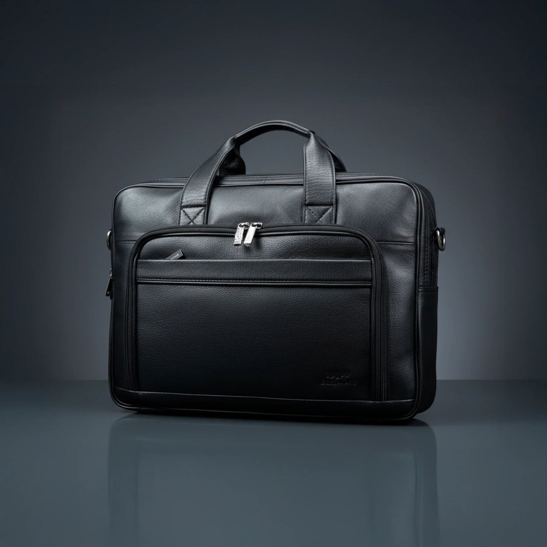 sleek black leather briefcase with handles on gray surface in dark setting