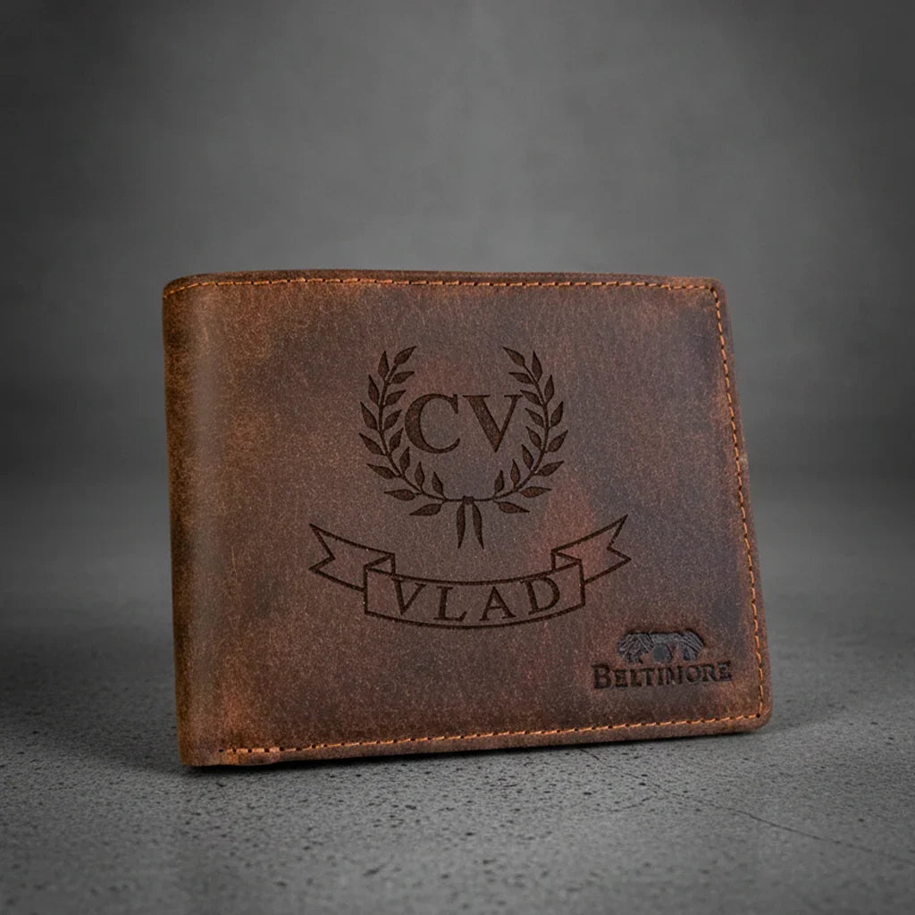 Personalized leather wallet with engraved initials and name, men's gift set on gray background