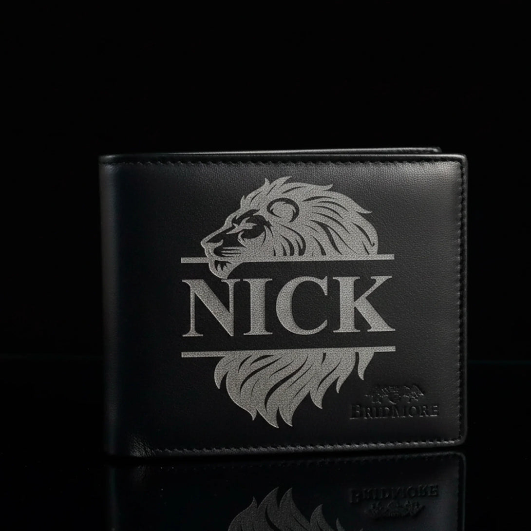 Personalized black leather wallet with lion design and name Nick, men's gift
