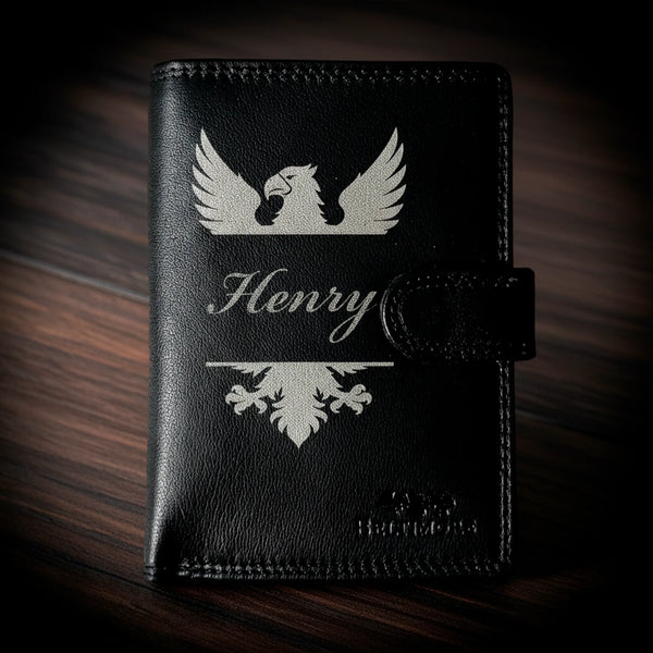 Personalized black leather wallet for men with eagle design and name Henry, ideal gift