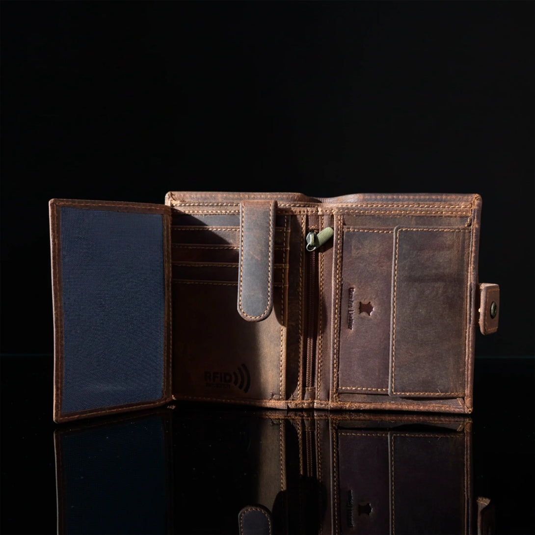 Personalized leather wallet for men with RFID protection, open view on black background